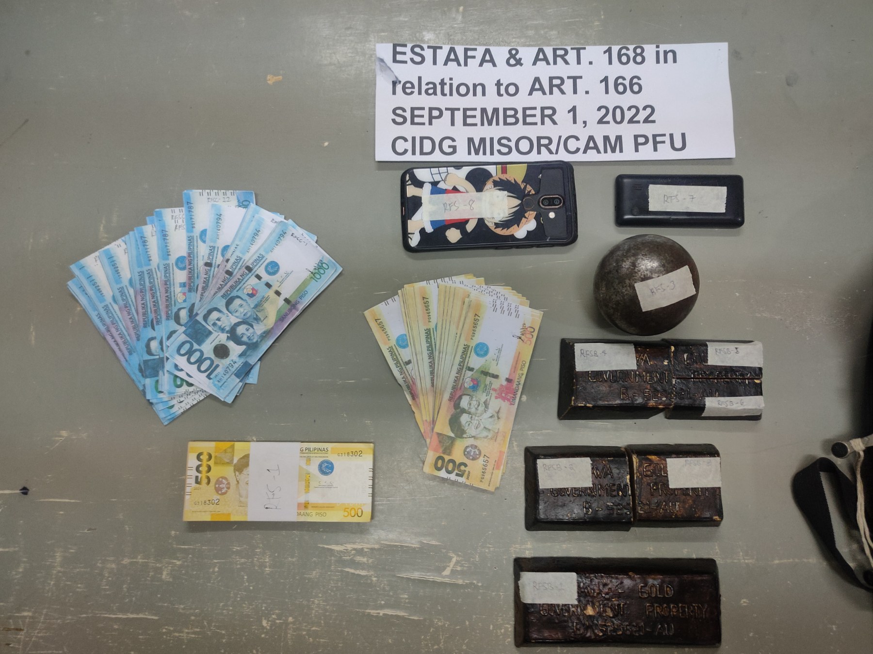 The alleged counterfeit bills and fake gold bars seized from the suspects. 