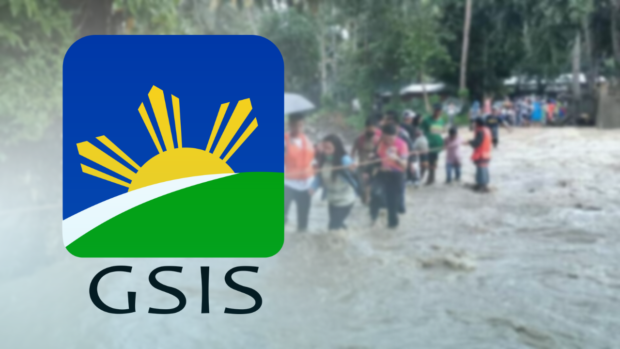 GSIS logo over scene of flooded area. STORY: GSIS extends emergency loans to Karding victims