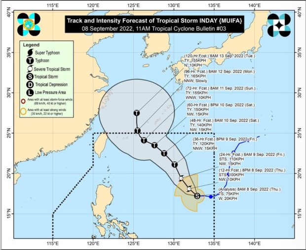 This photo from Pagasa's website shows the trajectory of Tropical Storm Inday (international name: Muifa) as of 11 a.m., September 8, 2022. 