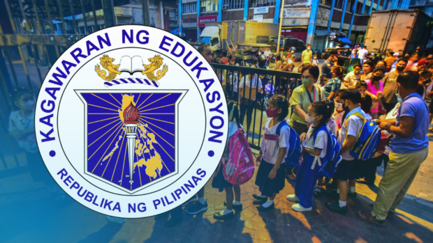 Composite photo of students lining up at school with DepEd logo superimposed. STORY: DepEd eyes blended learning as solution to classroom lack