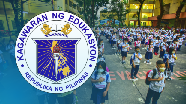 File photo of students at flag ceremony with the DepEd logo superimposed.