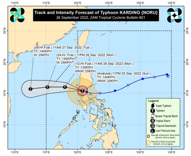 Pagasa map, track of Karding. STORY: Karding further weakens, to exit PAR Monday night