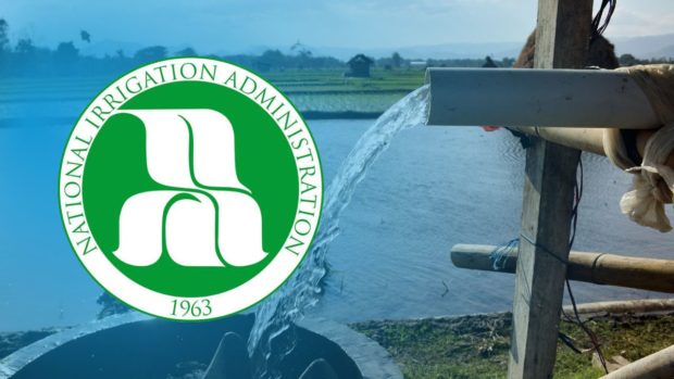 Water flowing from an irrigation pipe, with logo of National Irrigation Administration superimposed. STORY: NIA rations water for farm irrigation to prioritize Metro Manila