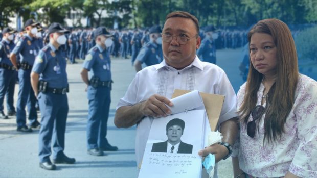 Atty. Harry Roque and Alpha Serranilla shows photo of the alleged mastermind in the abduction and killing of her brother pharma executive Eduardo Tolosa Jr. | PHOTO: Tetch Torres/INQUIRER.net