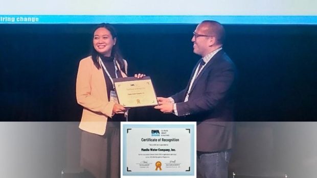 Manila Water was recently recognized as a Climate Smart Utility by the International Water Association (IWA) under its Climate Smart Utilities Recognition Program, the first water utility company in the Philippines and in Southeast Asia to be recognized in this program. Photo shows Manila Water Sustainability Head Sarah Bergado receiving the Certificate of Recognition on behalf of the Company from Carlos Diaz, Strategic Programmes and Engagement Manager, IWA. Bergado was also given a chance to share the company’s climate actions in a workshop session on exploring framework conditions for utilities to reduce GHG emissions. During the workshop, Bergado emphasized that it is time to double our efforts to contribute to mitigating climate change impact through energy efficiency, renewable energy transition, NRW reduction, watershed management and wastewater treatment expansion.
