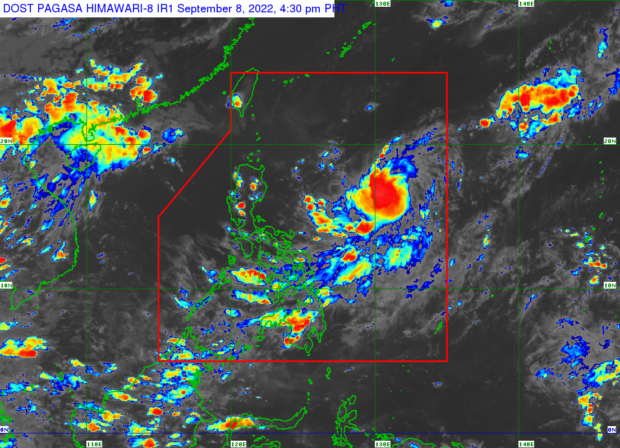 The photo shows a weather satellite image from Pagasa, which says "Inday" remains stationary over east of the Philippine Sea and its "extension" will bring rain in Eastern Visayas