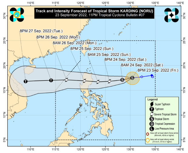 Track of Tropical Storm Karding as of 11PM, Sept. 23. Image from Pagasa.
