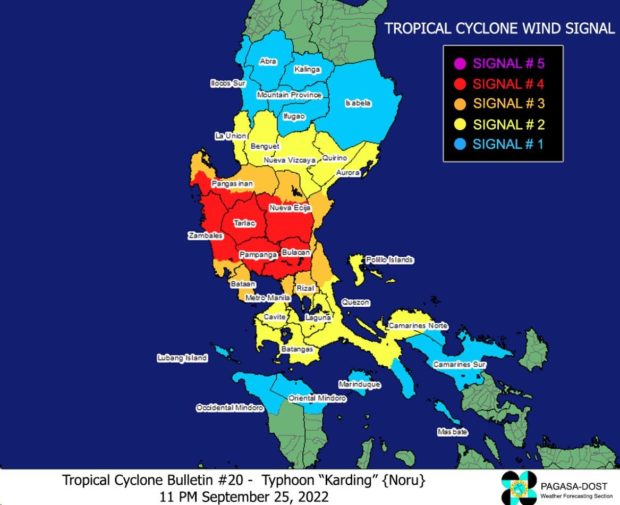 Storm signal warning map from Pagasa. STORY: Typhoon Karding makes another landfall in Aurora