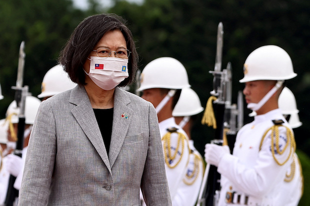 Taiwanese President Tsai Ing-wen welcomes the President of Palau, Surangel Whipps (not pictured) at a ceremony in Taipei. STORY: Taiwan president will pledge to bolster combat power as China tensions rise