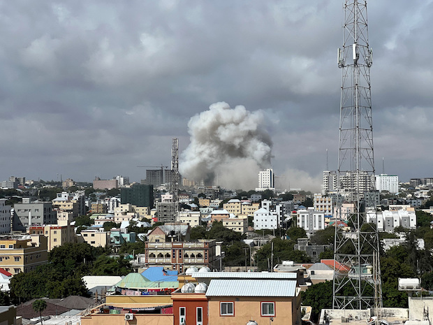 A view shows smoke rising following a car bomb explosion at Somalia's education ministry in Mogadishu. STORY: Car bombs at Somali education ministry leave scores of casualties