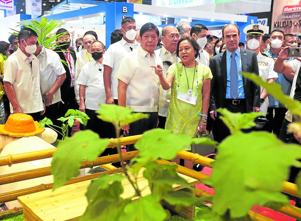 President Marcos and Sen. Cynthia Villar view the exhibits at an agribusiness fair that opened on Thursday at the World Trade Center in Pasay City