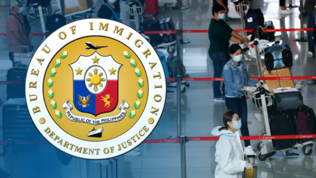 Airport scene with Bureau of Immigration logo superimposed. STORY: Don’t fall for job scams on social media, BI warns public