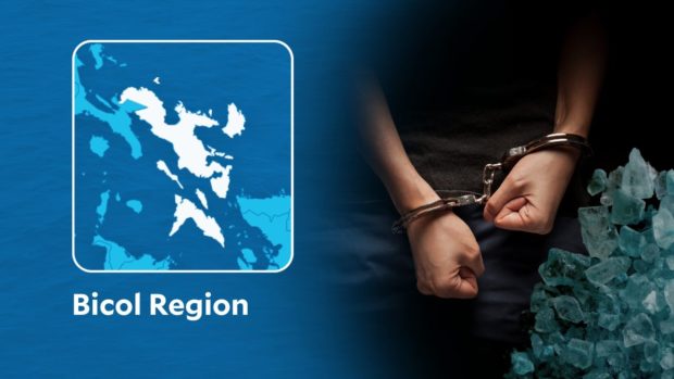PHOTO: Closeup of male hands in cuffs, with Bicol Region map superimposed. FOR STORY: Criminal gang members in Bicol fall after death of leader