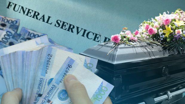 Stock photo of hands holding peso bills, with backround of paper saying “Funeral Service” STORY: Free, discounted funeral services for poor Pinoys sought