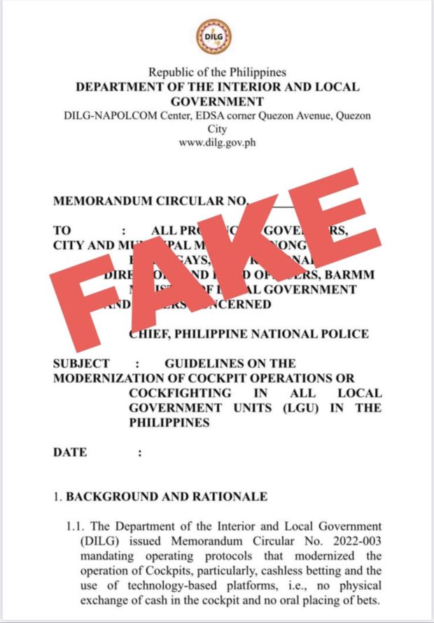 The Department of the Interior and Local Government (DILG) has warned about a circulating "unnumbered and unsigned" memorandum circular about the guidelines on the modernization of cockfighting in the Philippines.