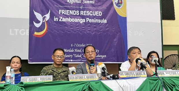 Presidential peace adviser Carlito Galvez answers questions from reporters during the Regional FR Summit at the Army's 1st Infantry Division headquarters in Labangan, Zamboanga del Sur.