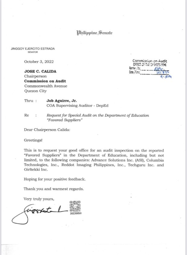A copy of Senator Jinggoy Estrada’s letter to Commission on Audit chairperson Jose Calida, requesting for a special audit on the Department of Education’s alleged favored suppliers. (Photo courtesy of Estrada’s office)