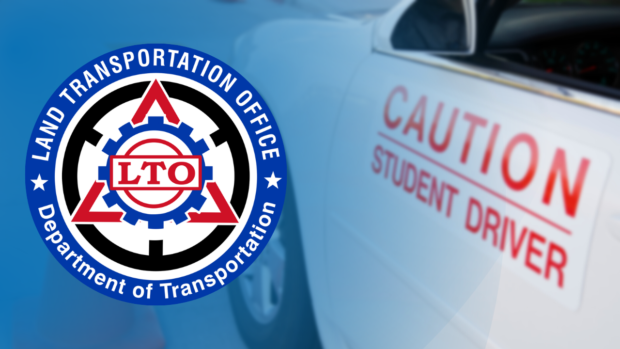 Composite photo of a car door with word “CAUTION STUDENT DRIVER" with LTO logo superimposed. STORY: LTO hits the brakes on pricey driving schools