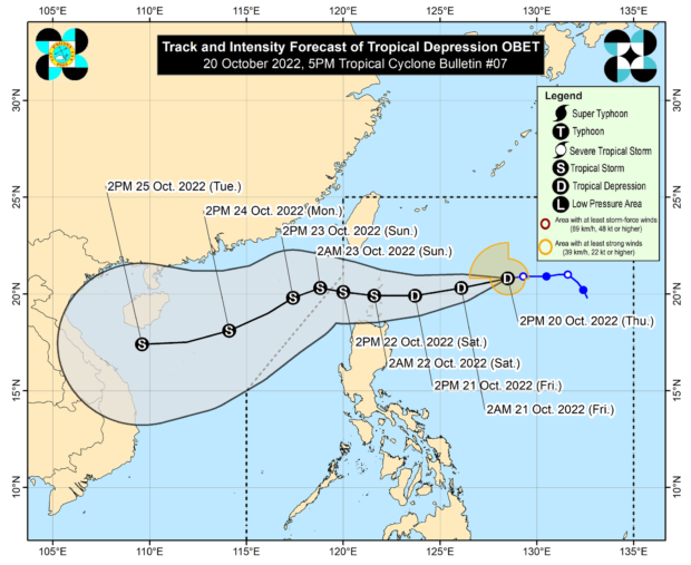 Tropical Depression Obet may exit the PAR this coming weekend as it moves southwestward to Luzon Strait, state meteorologists said Thursday.