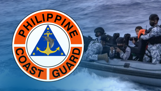 PHOTO: Philippine Coast Guard personnel on a raft with the PCG seal superimposed. STORY: Coast Guard rescues 71 passengers off Northern Samar