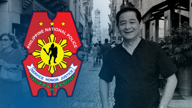 PNP logo over photo of Percy Lapid. STORY: ‘Middleman’ revealed to sister those behind Percy Lapid murder – report