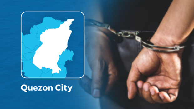 Quezon City map with handcuffed man. STORY: Cops nab three suspects for large-scale estafa