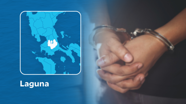 Composite photo: Map of Laguna and clasped hands in cuffs. STORY: 2 ex-cops in ‘e-sabong’ agent’s abduction yield