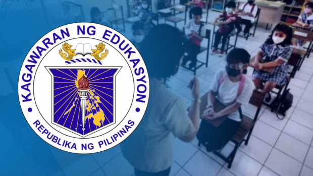 DepEd logo over grade school classrom. STORY: DepEd allows 11 Cordillera schools to offer blended learning