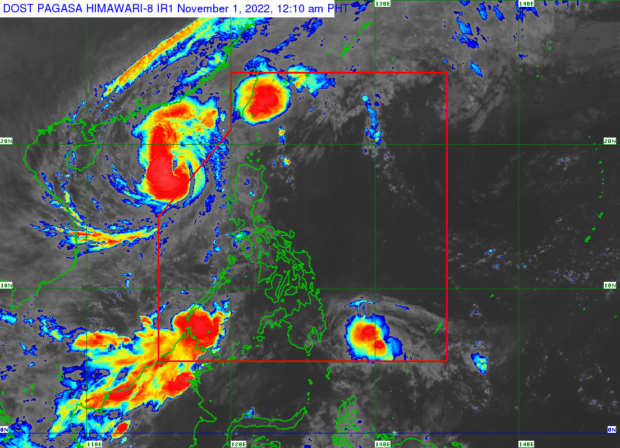 PAGASA satellite map showing weather disturbances. STORY: All signals down as Paeng moves away; Queenie keeps strength
