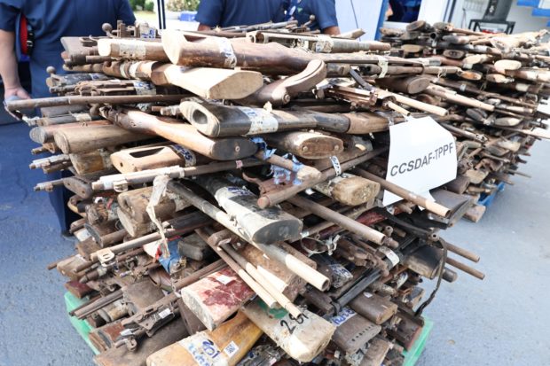 Photo caption: The Philippine National Police (PNP) leads the ceremonial demilitarization of assorted discarded firearms at the PNP Grandstand in Camp Crame in Quezon City on Monday, October 24. 