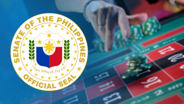 Composite photo of casino gaming table with Senate seal superimposed. STORY: Without third-party auditor, POGOs must be driven out – Gatchalian