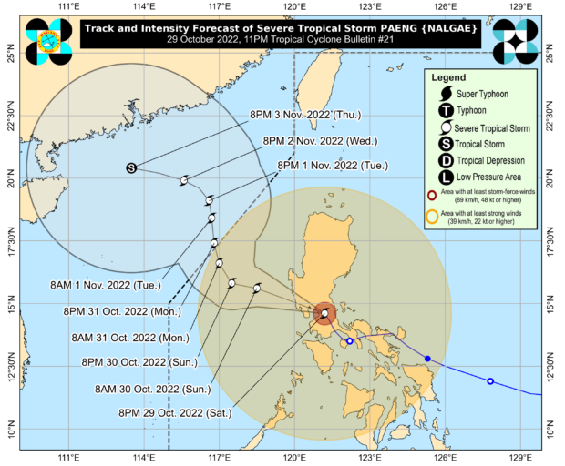 Track of Several Tropical Storm Paeng. STORY: Pagasa sees Paeng’s slow exit from PH by Monday