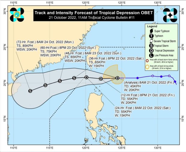 The eye of Tropical Depression Obet is not forecast to directly hit the northern portion of Cagayan, said Pagasa. Photo from Pagasa.