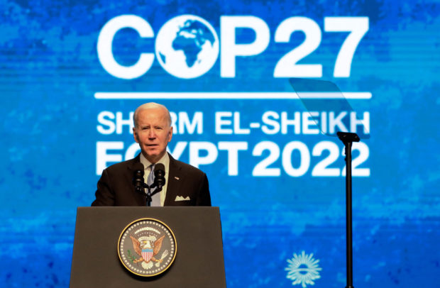U.S. President Joe Biden delivers a speech at COP27 climate summit, in Sharm el-Sheikh, Egypt, November 11, 2022. 