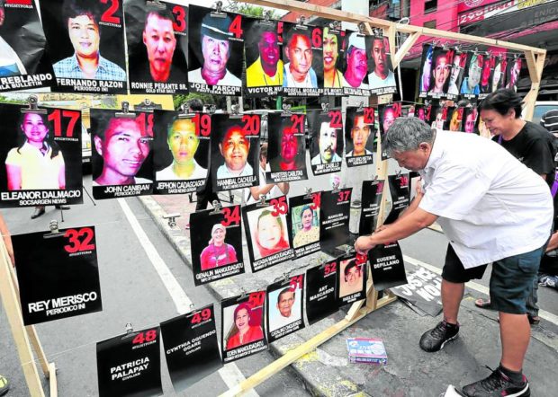 NOT FORGOTTEN Photographs of the 58 people, including 32 journalists and Maguindanao Rep. Esmael Mangudadatu’s wife and sister who were massacred by his rivals, are shown at Mendiola Bridge on Nov. 23, 2019, a decade after that massacre. —MARIANNE BERMUDEZ