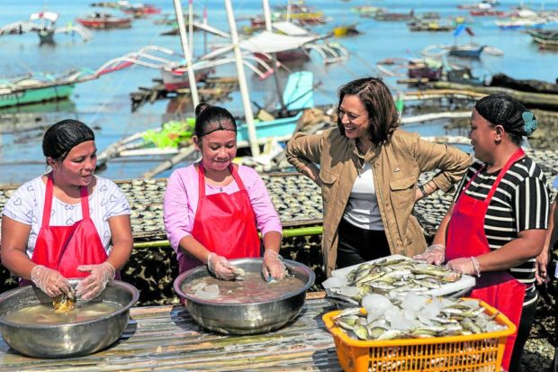 US Vice President Kamala Harris drops by a fishing community in Barangay Tagburos after her arrival in Puerto Princesa, Palawan province, on Tuesday, the third and last day of her visit to the Philippines. STORY: Harris: US stands with PH vs coercion in South China Sea