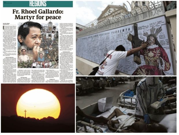 YEAR’S BEST Inquirer reporter Julie Alipala’s story about a Claretian priest slain by Abu Sayyaf bandits and photographer Marianne Bermudez’s shot of a man in front of a wall of messages for COVID-19 victims (above) win the best special feature and best news photograph categories, respectively, at the 44th Catholic Mass Media Awards (CMMA). Photographs by Richard Reyes and Niño Jesus Orbeta (left) received special citations. —INQUIRER PHOTOS