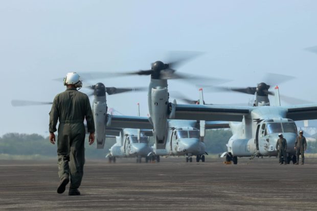 U.S. Marine Corps MV-22B Ospreys assigned to Marine Medium Tiltrotor Squadron 363, 1st Marine Aircraft Wing, arrive at Subic Bay International Airport ahead of Balikatan 22 in the Philippines in March 2022. USMC