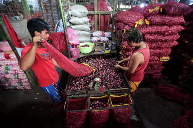 PRICEY SPICE Vendors sort red onions at Balintawak public market in Quezon City in this Nov. 17 photo. Red onions, mostly harvested from Nueva Ecija, nowsell for P300 a kilo. STORY: Red onions now selling at P300 per kilogram