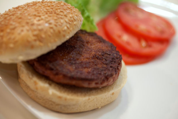 FILE PHOTO: The world's first lab-grown beef burger is seen after it was cooked at a launch event in west London