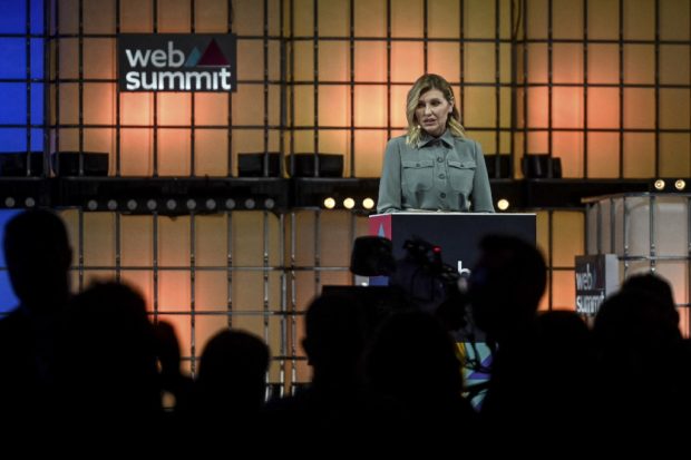 Ukraine's First Lady Olena Zelenska delivers a speech at the opening event of Europe's largest tech conference, the Web Summit, in Lisbon on November 1, 2022. 