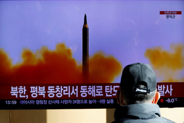 A man watches a TV broadcasting a news report on North Korea firing a ballistic missile off its east coast, in Seoul. STORY: South Korea ‘strongly’ condemns North Korea for firing missiles