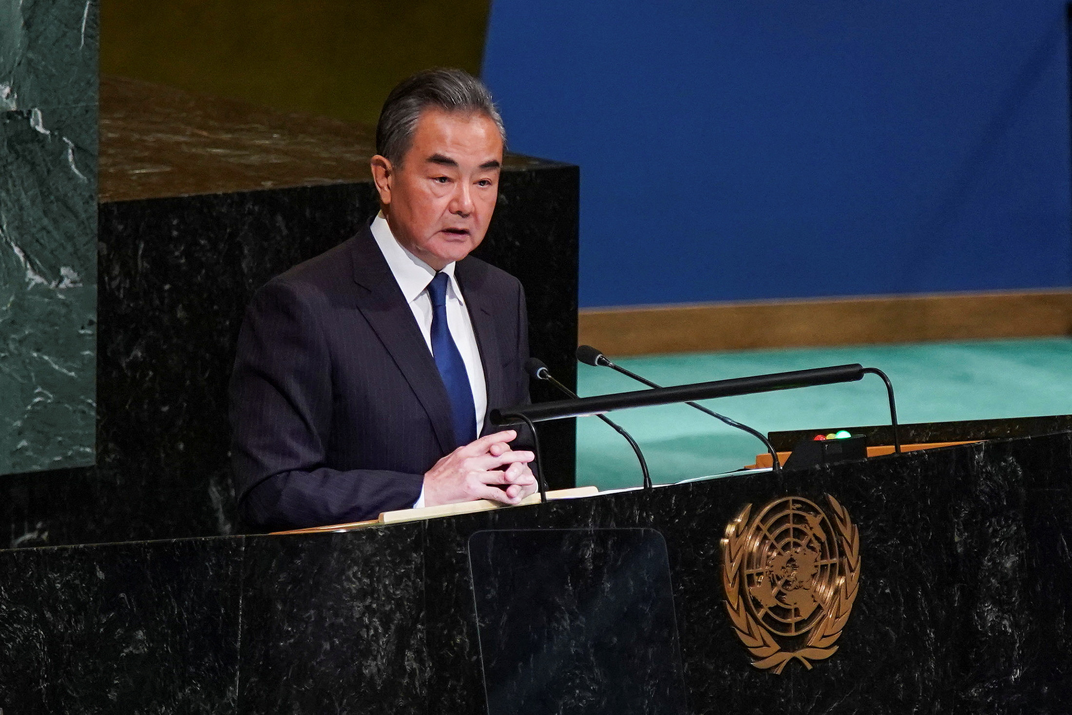FILE PHOTO: Chinese State Counsellor and Foreign Minister Wang Yi addresses the 77th Session of the United Nations General Assembly at U.N. Headquarters in New York City, U.S., September 24, 2022. REUTERS/Eduardo Munoz China Taiwan us defense