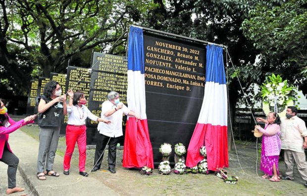 The names of six more martyrs and heroes in the fight against tyranny during the Marcos dictatorship that were added to the granite Wall of Remembrance at Bantayog ng mga Bayani in Quezon City. STORY: More stories of sacrifice, defiance echo at Bantayog