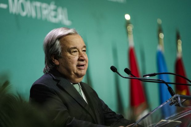 United Nations Secretary General Antonio Guterres speaks during the opening ceremony of the United Nations Biodiversity Conference (COP15) at Plenary Hall of the Palais des congrès de Montréal in Montreal, Quebec, Canada, on December 6, 2022. (Photo by Andrej Ivanov / AFP)