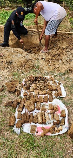 Two vintage bombs, a grenade, a magazine, several bullets and bottles were dug out of a farm in Asingan town, Pangasinan province