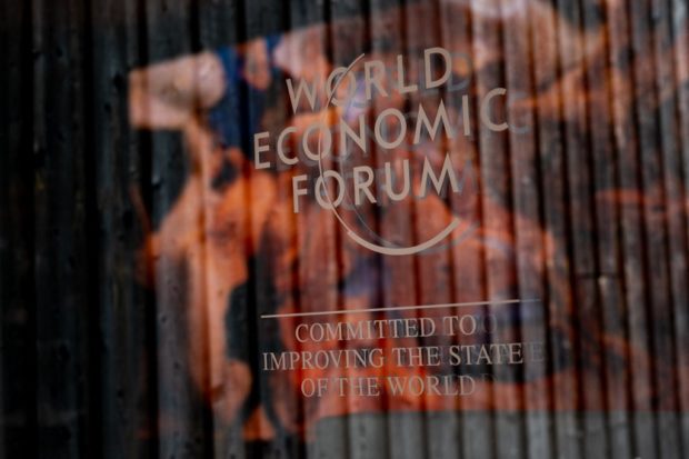 A photograph shows a sign of the World Economic Forum (WEF) at the Congress centre on the opening day of the World Economic Forum (WEF) annual meeting in Davos on Jan. 16, 2023. STORY: Davos forum great venue to present Maharlika fund, says economist
