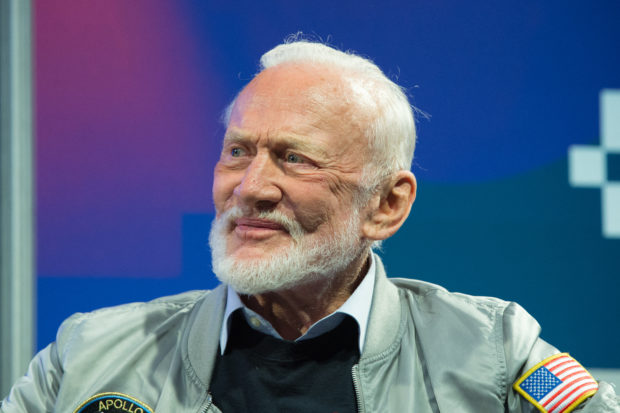 (FILES) In this file photo taken on March 14, 2017 Buzz Aldrin participates in a featured session during the South by Southwest (SXSW) Interactive Conference at the Austin Convention Center in Austin, Texas. - Legendary Apollo 11 astronaut Buzz Aldrin, the second person to set foot on the Moon, said he had married his longtime girlfriend on his 93rd birthday on January 20, 2023. (Photo by SUZANNE CORDEIRO / AFP)