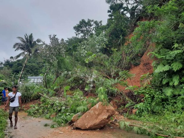 Landslide debris blocked the road at Barangay Oguis in Bato town, Catanduanes province following the incessant rains on Friday, Jan. 20. (Photo courtesy of Catanduanes PDRRMO)