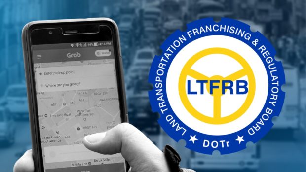 Composite image of LTFRB logo, hand using cellphone showing Grab app, over fade-out photo of traffic. STORY: LTFRB orders Grab PH to explain hiked minimum fare